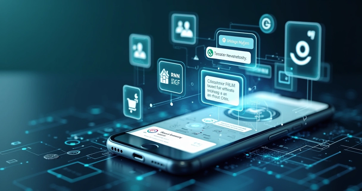 Interface de chatbot de inteligência artificial em smartphone mostrando conversa no WhatsApp com elementos digitais ao redor representando automação e integração de vendas