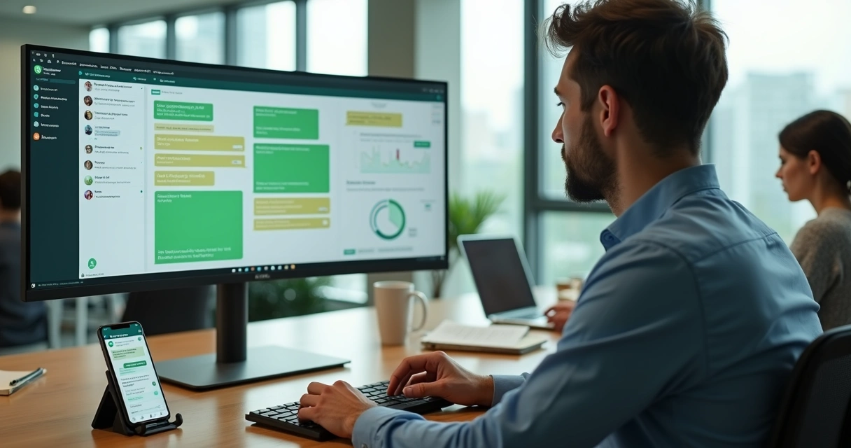Empresário olhando painel com atendente de IA integrado ao WhatsApp no computador 
