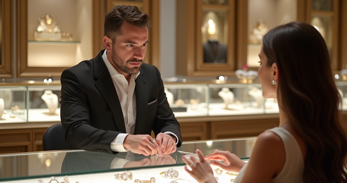 Atendente masculina em joalheria mostrando joias a cliente em ambiente elegante e iluminado 