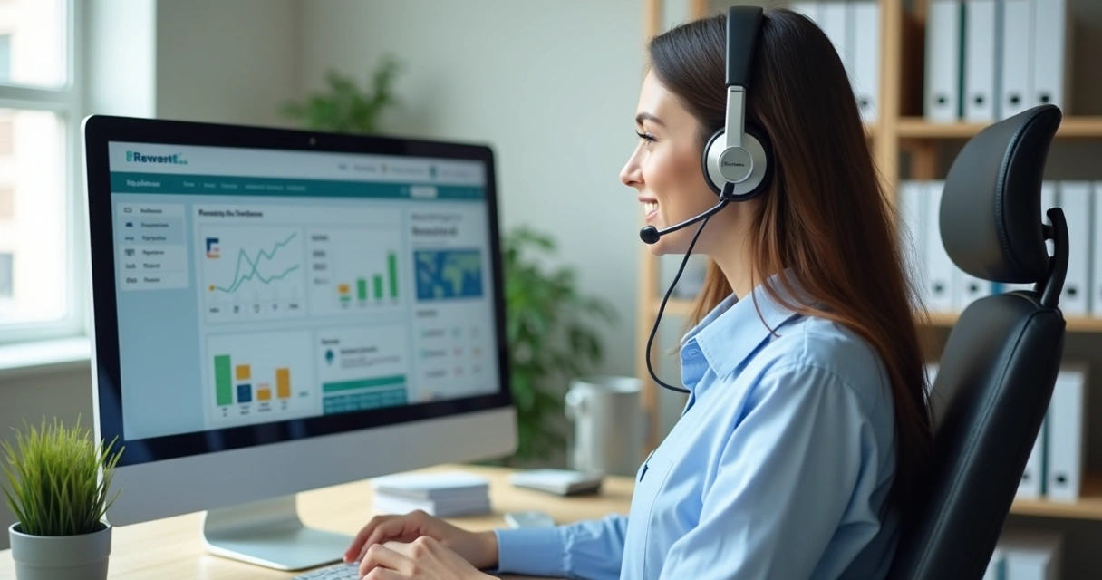 Atendente da ouvidoria de plano de saúde atendendo cliente ao telefone em ambiente profissional 