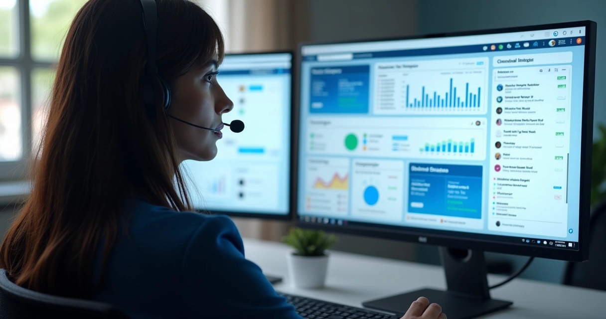 Atendente analisando painel de chatbot e mensagens técnicas 