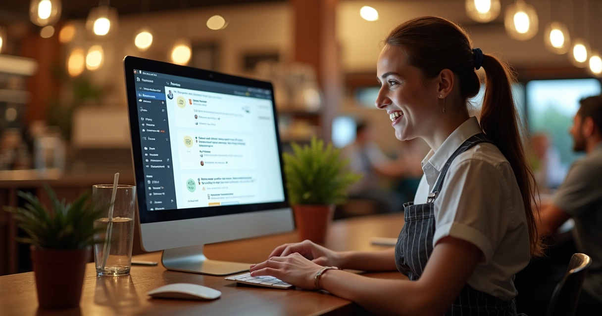 Atendente de restaurante em frente ao computador respondendo avaliações online. 