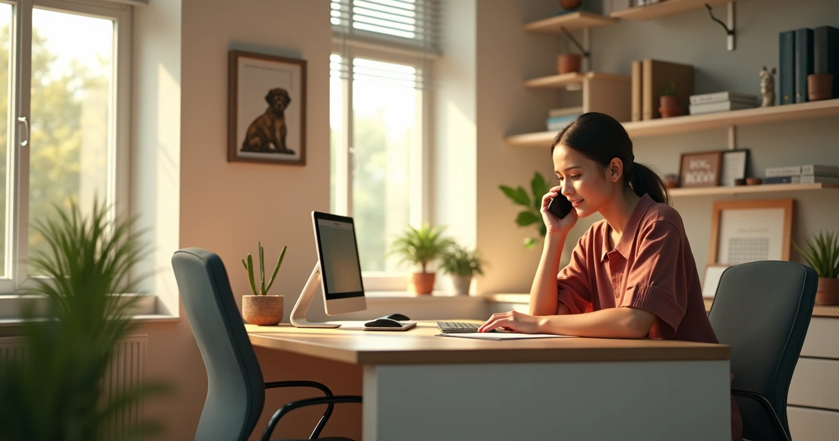 Pessoa atendendo ligações em escritório moderno e pequeno 