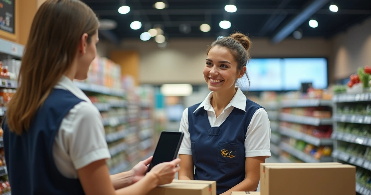 Atendente de supermercado sorridente recebendo orientação para atendimento delivery. 