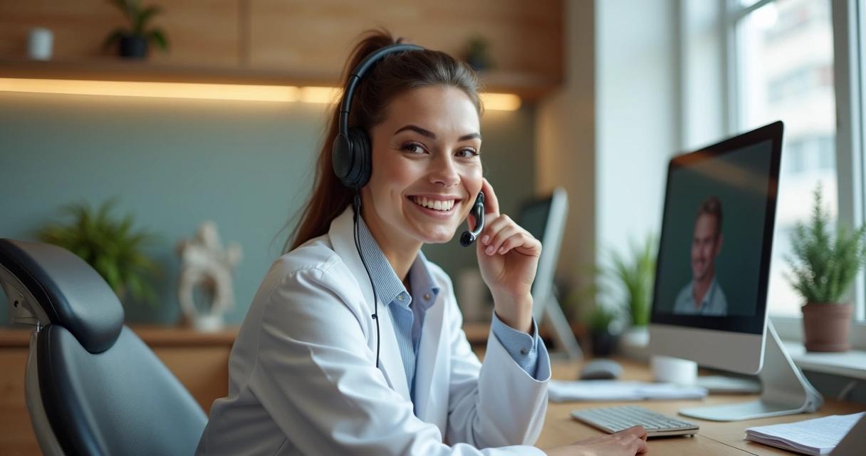 Pessoa atendendo suporte com computador em consultório