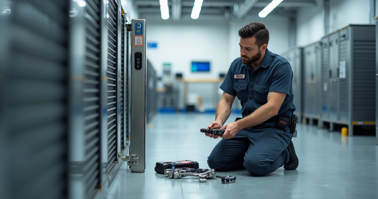 Técnico ajustando mecanismo interno do portão automático