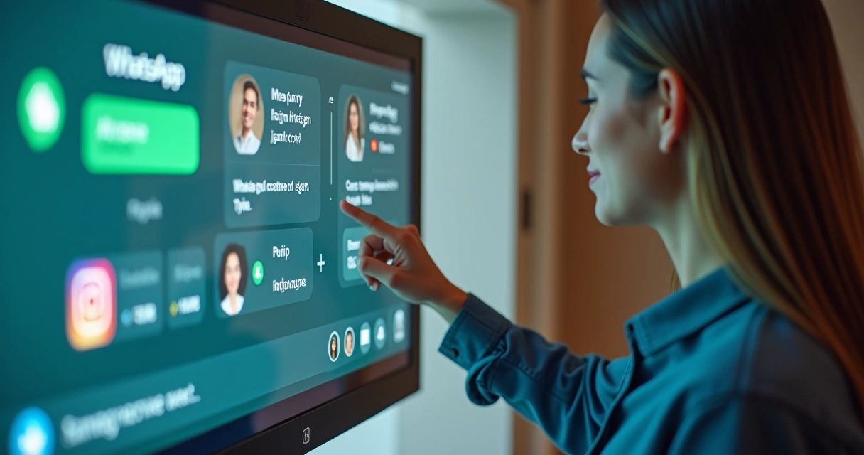 Funcionário atendendo via painel WhatsApp e Instagram, clientes satisfeitos mostrando aprovação 
