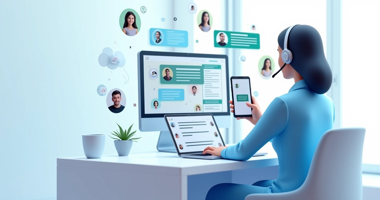 Atendente digital interagindo com usuários em múltiplos dispositivos, centralizado em tela de WhatsApp 