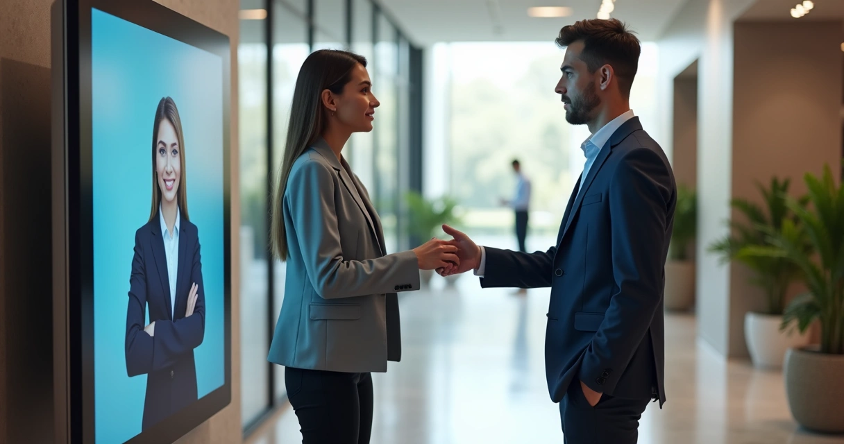 Pessoa interagindo com atendente virtual em totem de autoatendimento 