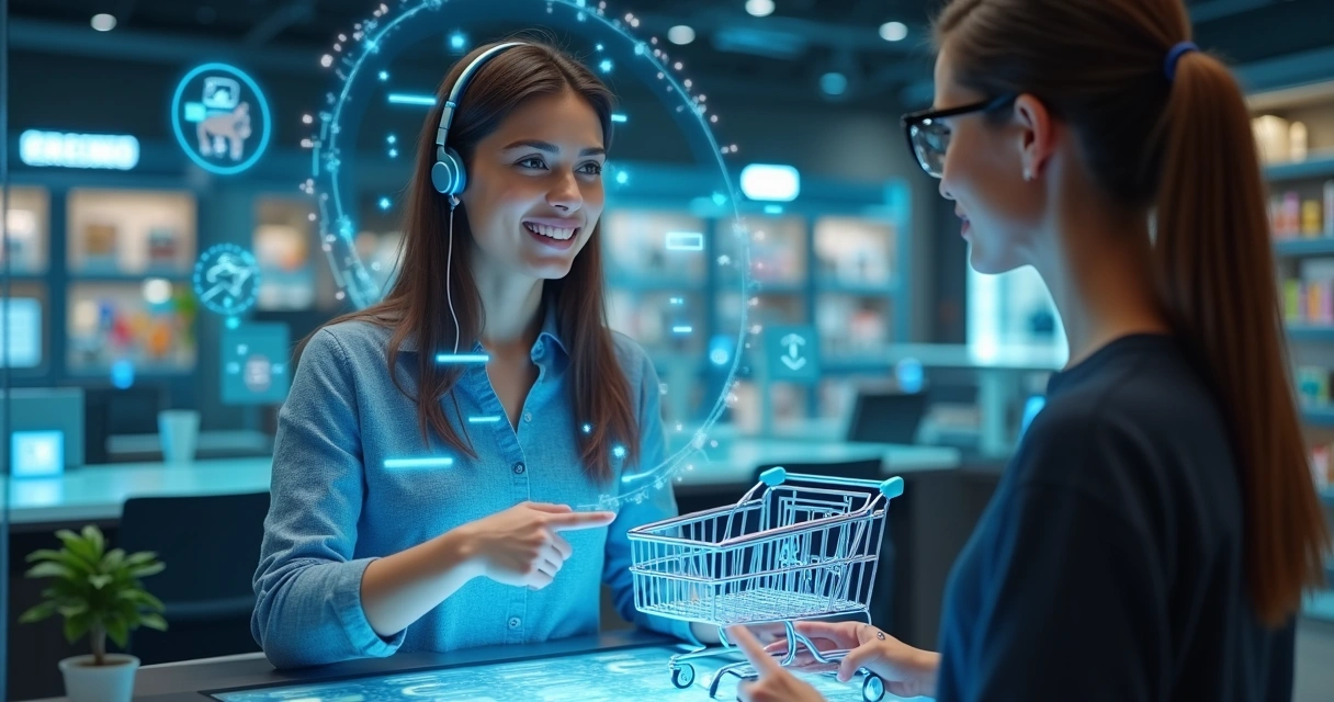 Atendente virtual digital auxiliando cliente em loja digital 