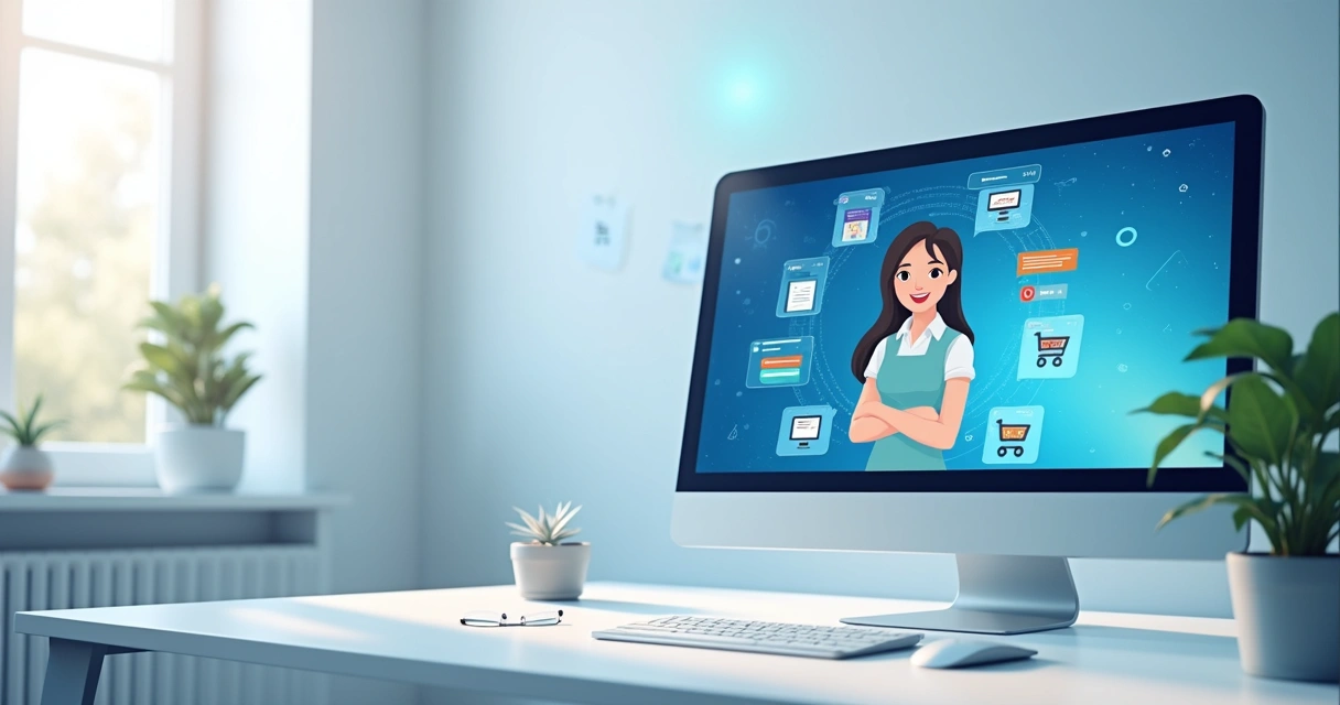 Ilustração de um atendente virtual em tela mostrando ícones de recomendação, mensagens e notificações. 