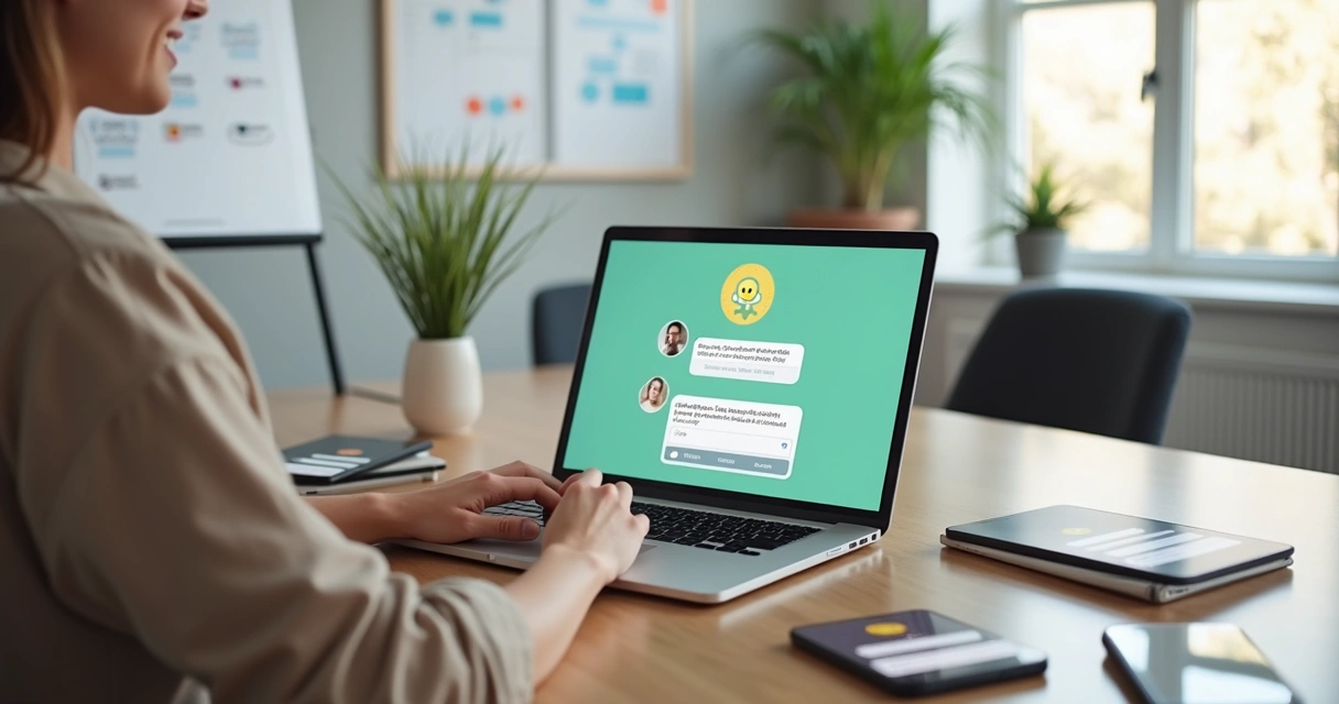 Atendente virtual interagindo pelo WhatsApp com clientes em ambiente de escritório