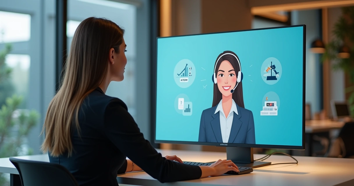 Representação de um atendente virtual com aparência amigável e tela de chat ao lado 