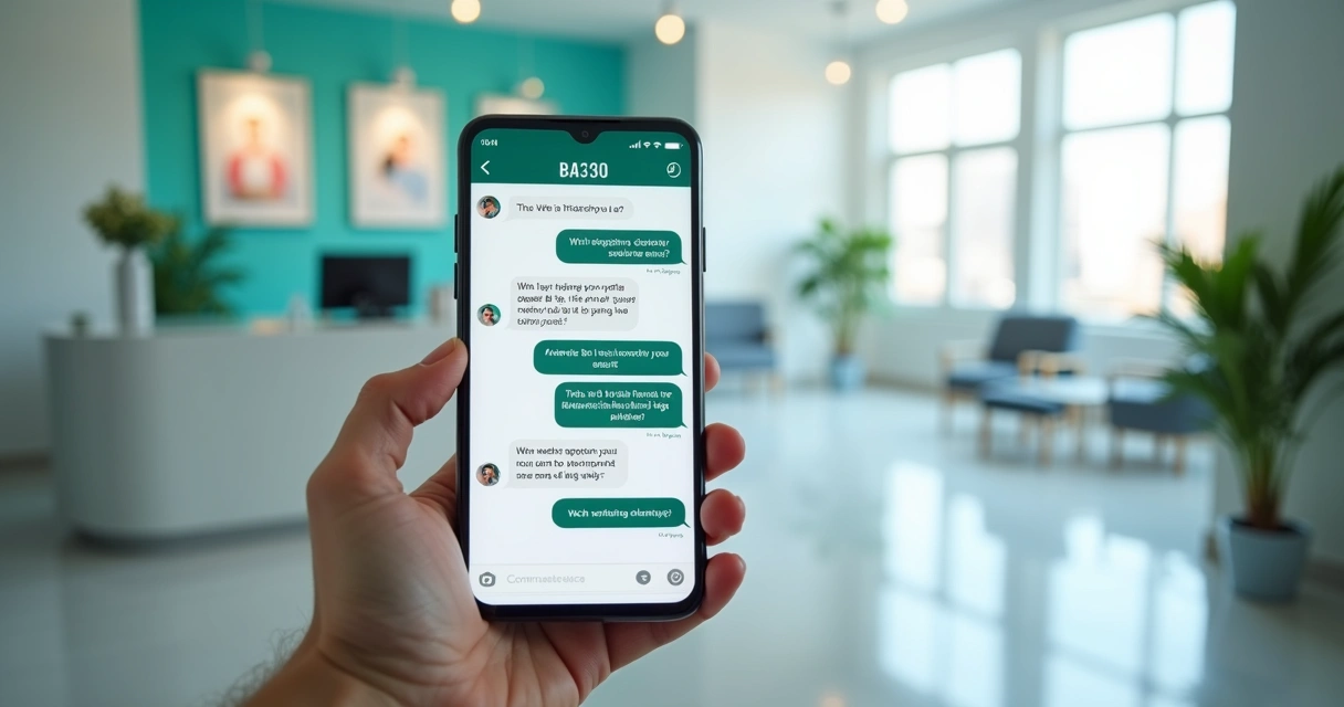 Atendente virtual interagindo com cliente via WhatsApp em ambiente de clínica moderna