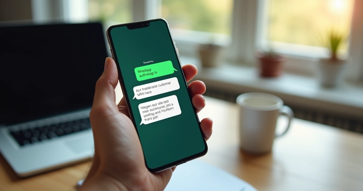 Atendente virtual em smartphone exibindo mensagens automáticas no WhatsApp para atendimento ao cliente 