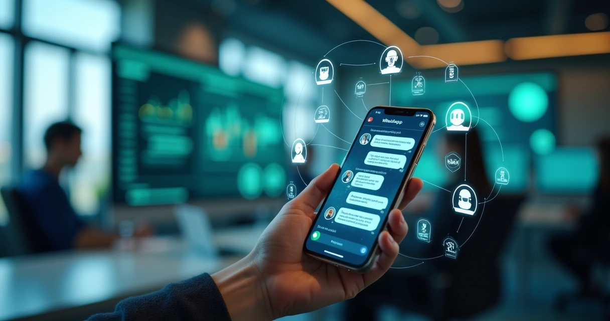 Atendente virtual em smartphone com interface de chatbot e ícones de inteligência artificial ao redor 