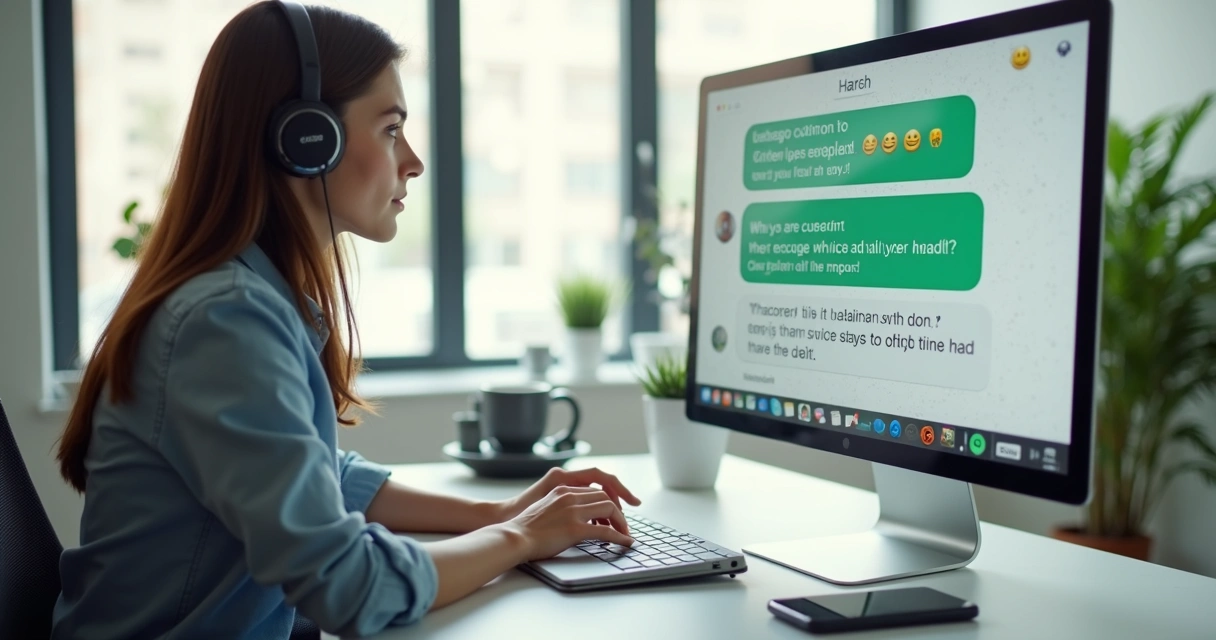 Tela de atendimento com mensagens e agente digitando no notebook 
