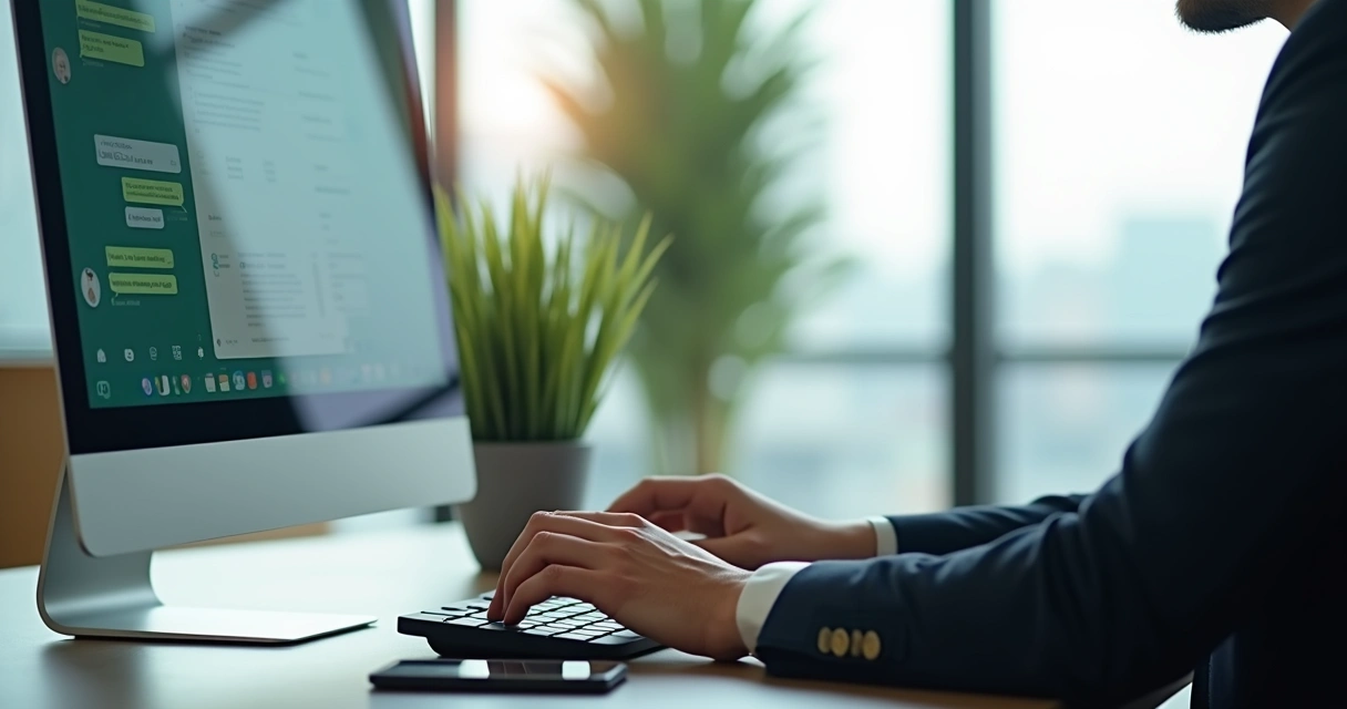 Atendente digitando em computador com janela de chat do WhatsApp na tela 