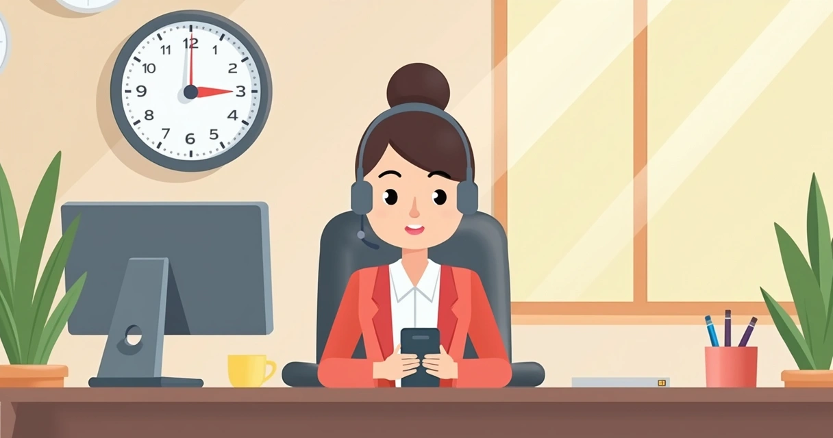 Atendente em mesa de trabalho, olhando o celular, relógio na parede ao fundo indicando horário comercial 