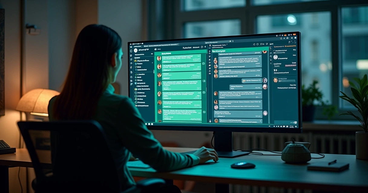 Profissional usando computador com chats do WhatsApp e Instagram na tela 