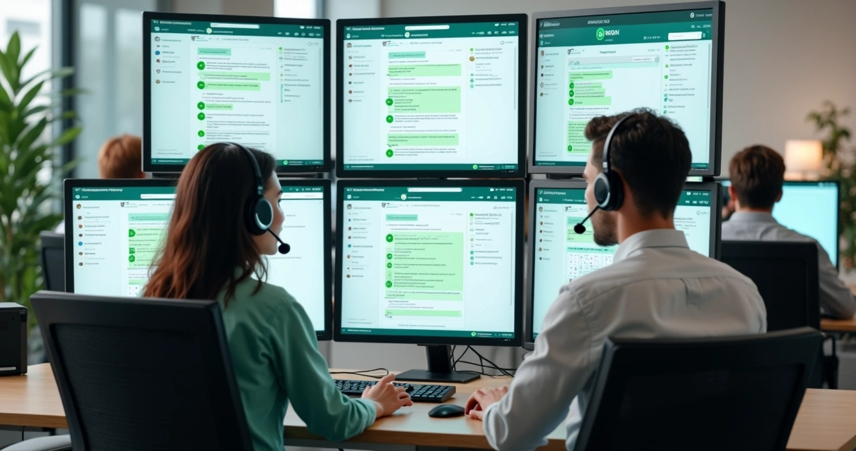 Equipe de atendentes trabalhando em computadores com telas exibindo conversas de WhatsApp em painel centralizado 