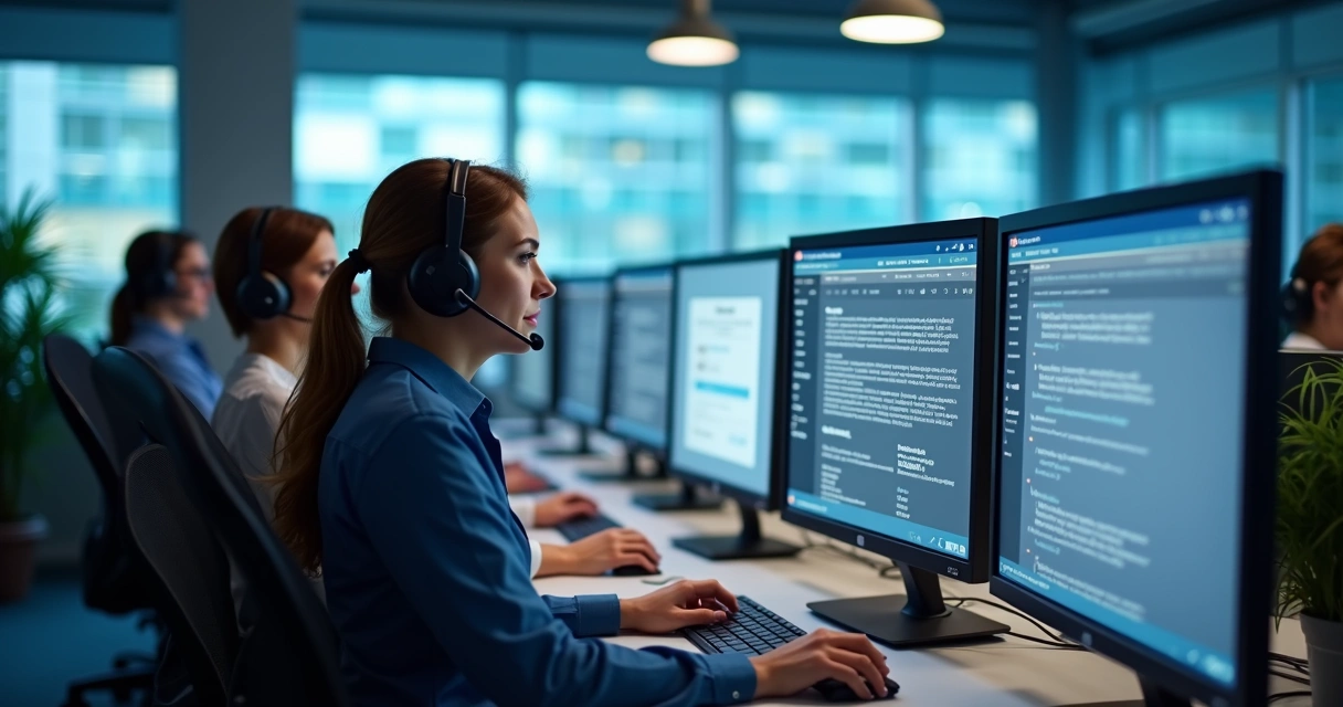 Equipe de atendentes visualizando distribuição automática de atendimentos. 