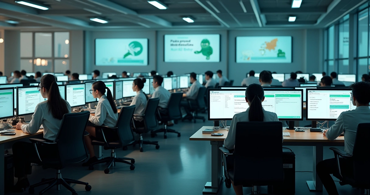 Equipe de atendimento em sala comercial dividindo atendimentos de WhatsApp em monitores grandes.