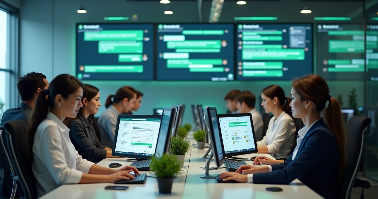Painel digital com múltiplos atendentes interagindo via WhatsApp Business em computadores e smartphones 