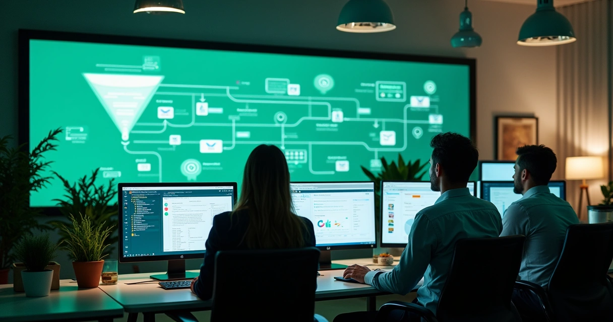 Atendentes comerciais gerenciando vendas no WhatsApp com fluxo automatizado ao fundo. 
