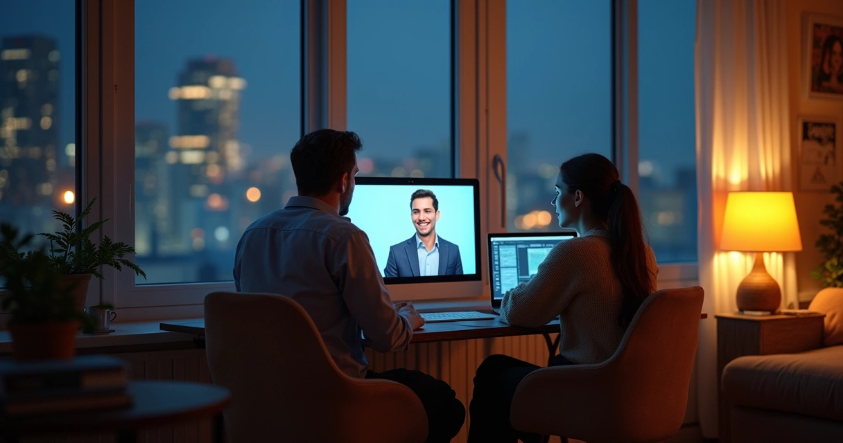 Agente virtual imobiliário atendendo cliente à noite no computador 