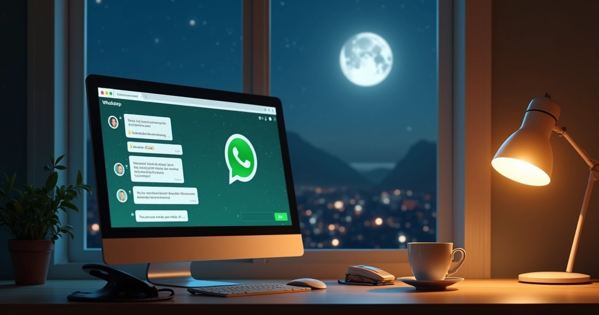 Representação visual de atendimento 24 horas via WhatsApp com chat ativo durante noite