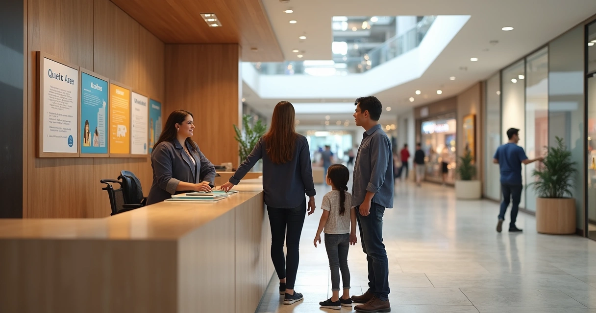 Funcionária orientando visitante com sinalização clara no shopping 