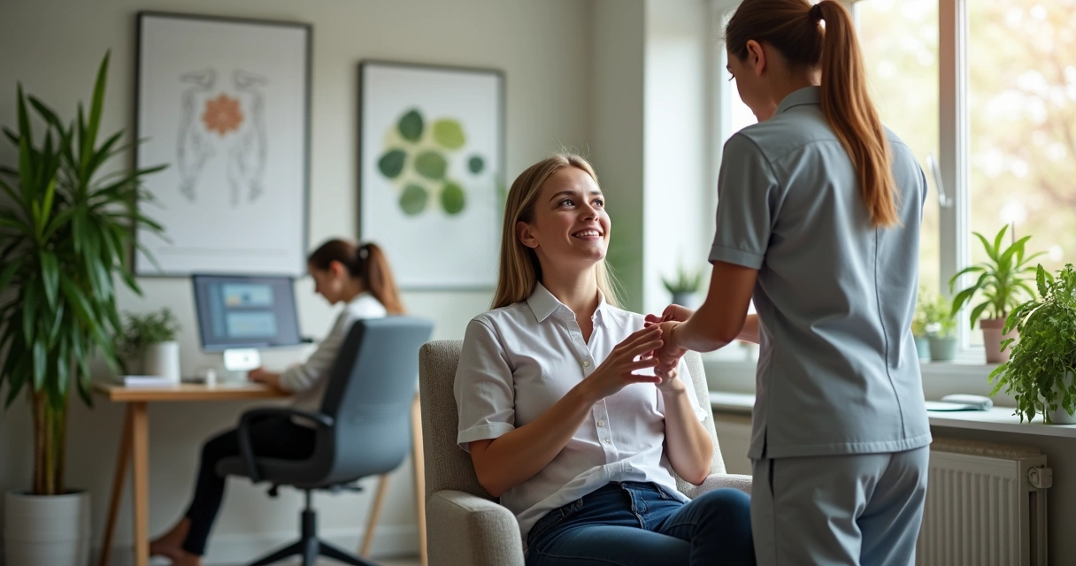 Acupunturista atendendo colaborador em sala de empresa 