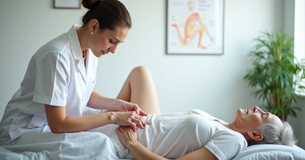 Acupunturista aplicando agulhas em paciente idoso com marcapasso, agulhando pernas e mãos em consultório clínico bem iluminado 