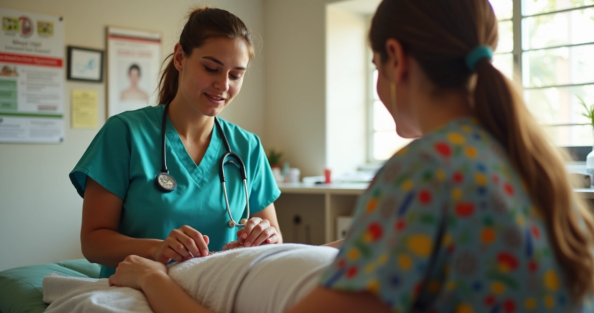 Paciente sendo atendido com acupuntura por profissional em unidade de saúde pública. 
