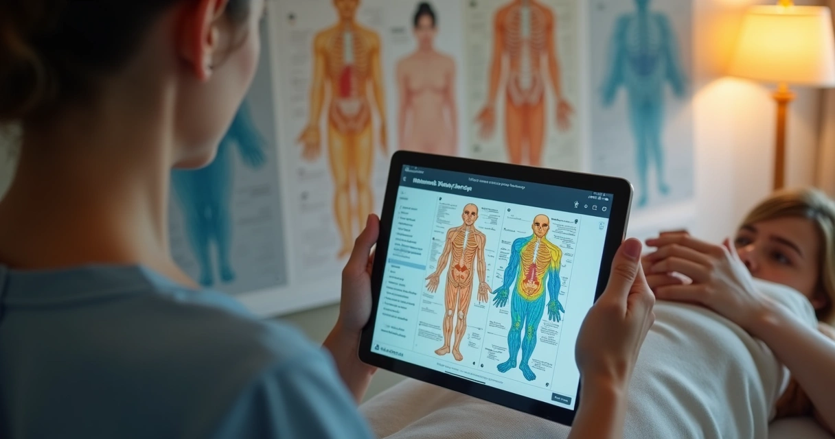 Terapeuta de acupuntura analisando mapa energético junto ao paciente 