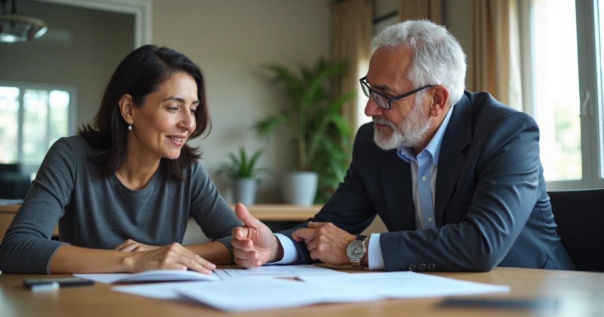 Advogado analisando documentação de aposentadoria para cliente em sala de reunião 