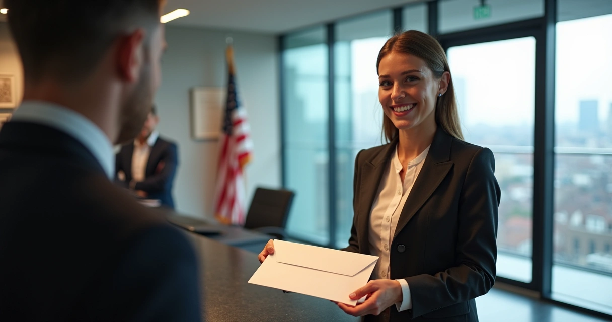 Registered Agent: Guia Prático Para Empresas de Brasileiros nos EUA 1 Atendente em escritório recebendo correspondência legal de empresa estrangeira nos EUA