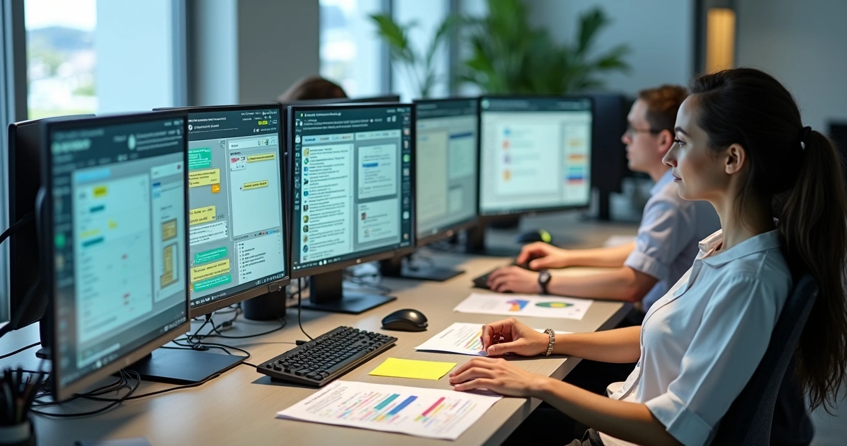 Equipe de atendimento condominial usando chatbots para responder demandas via WhatsApp. 