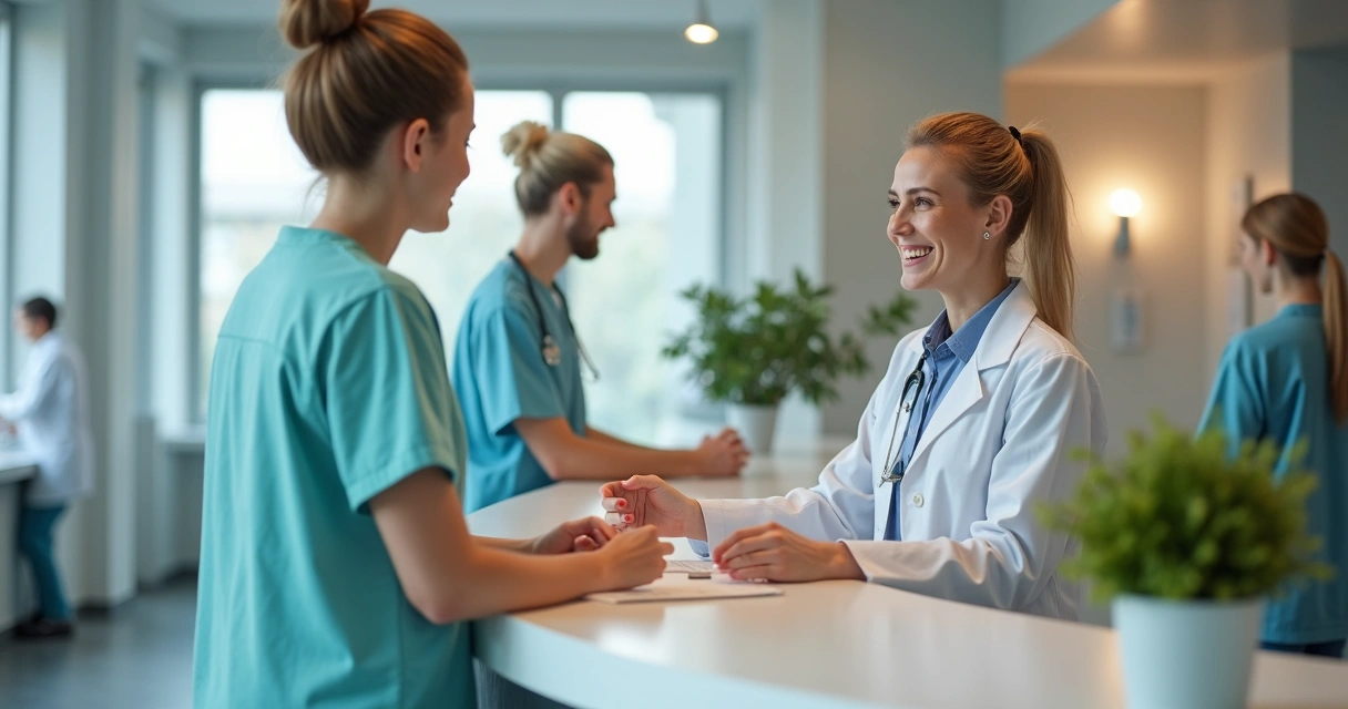 Equipe médica atendendo paciente em recepção de clínica 