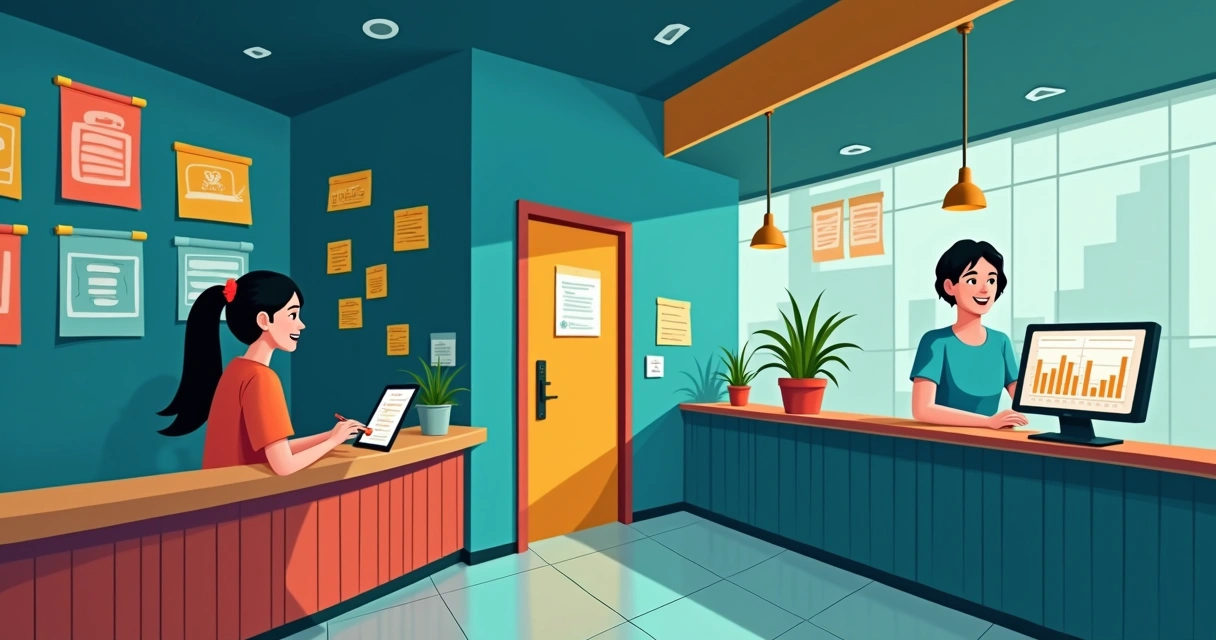 Ambiente moderno de atendimento ao cliente com atendente e cliente interagindo, gráficos e tecnologia visíveis.