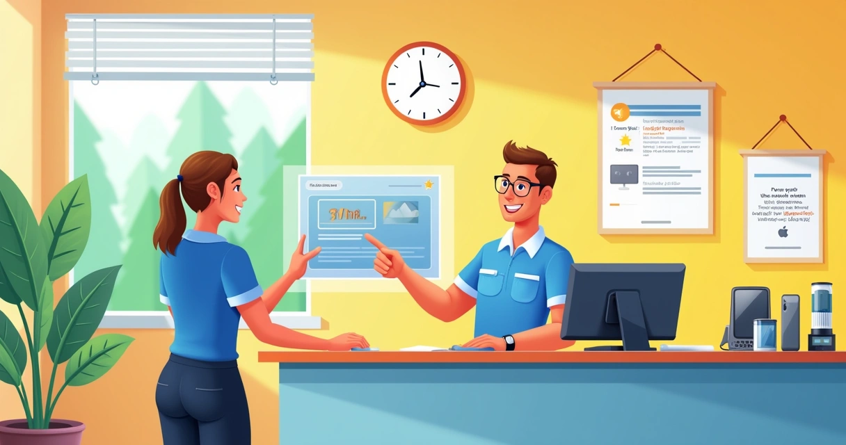 Centro de atendimento ao cliente com um técnico simpático ajudando um cliente em um ambiente acolhedor.