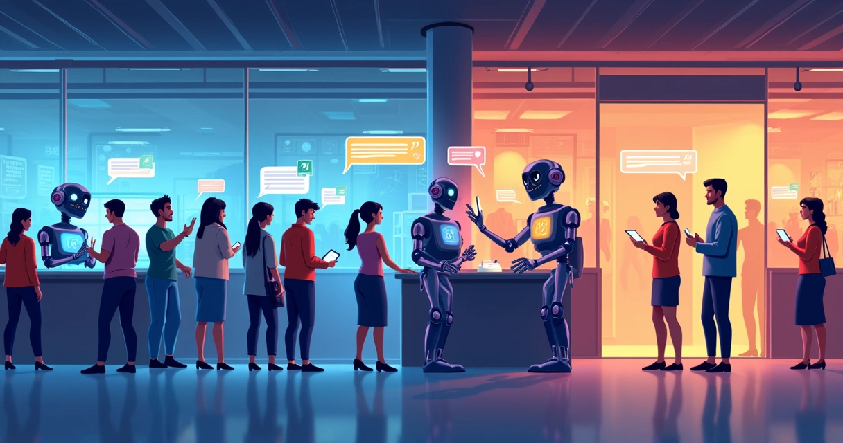 Ilustração do atendimento ao cliente moderno com automação de IA, mostrando clientes satisfeitos e gráficos de vendas crescentes.