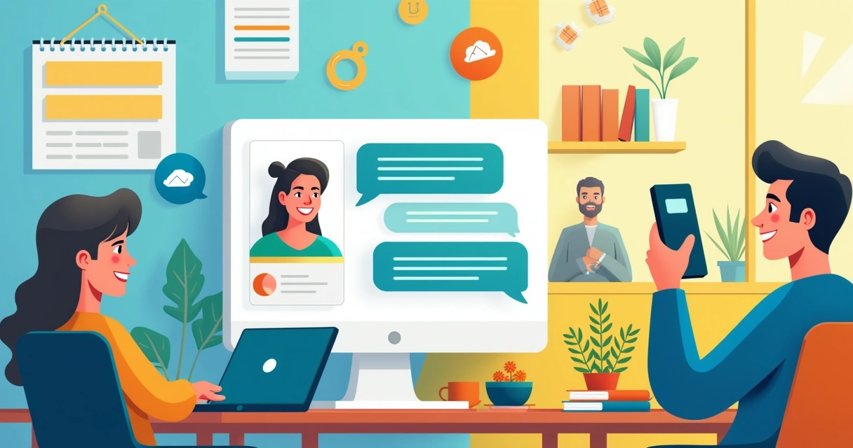 Chatbot assisting a customer in a modern office, showcasing real-time support and positive interactions.