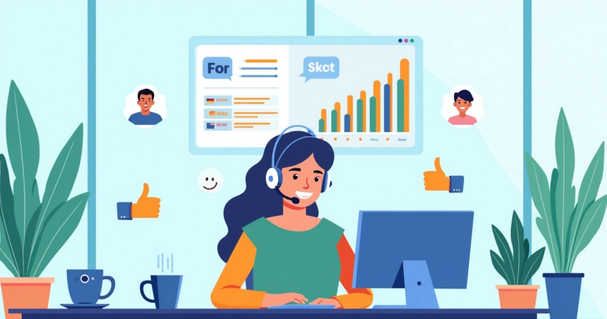 Ilustração de um representante de atendimento ao cliente em um call center sorrindo e trabalhando com métricas de FCR.