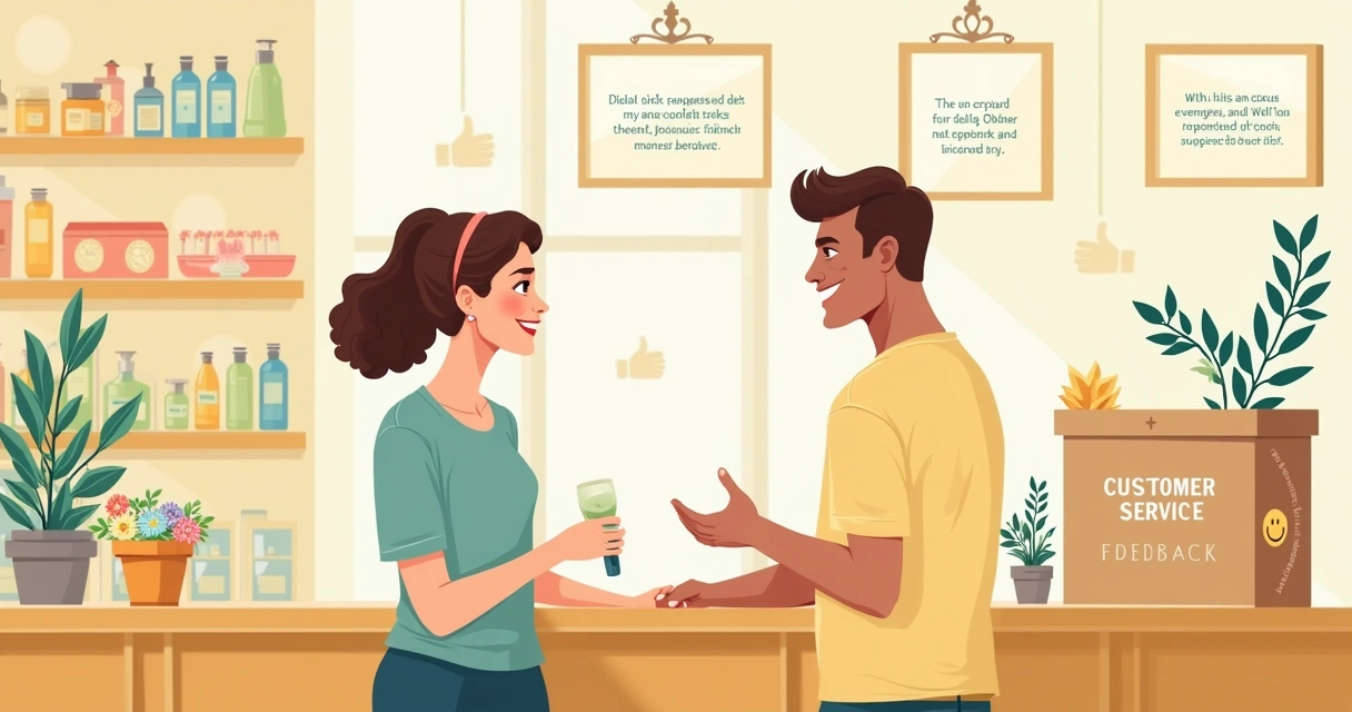 Uma atendente sorri enquanto ouve um cliente feliz em um ambiente acolhedor e colorido.