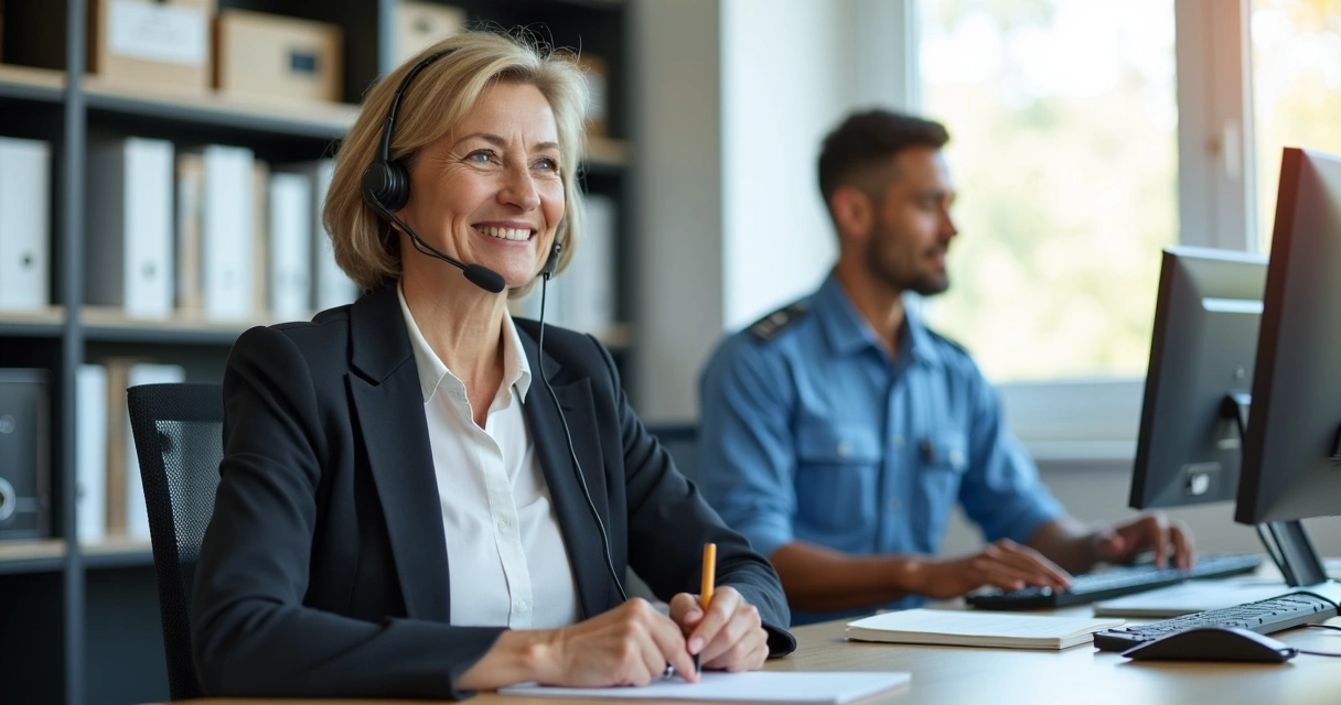 Atendente de assistência técnica ao telefone com bloco de anotações