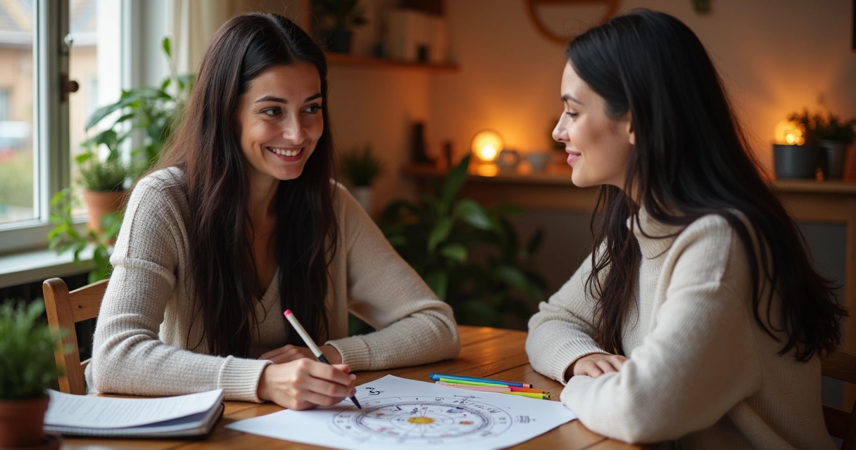 Mesa com mulher astróloga e cliente conversando sobre mapa astral 
