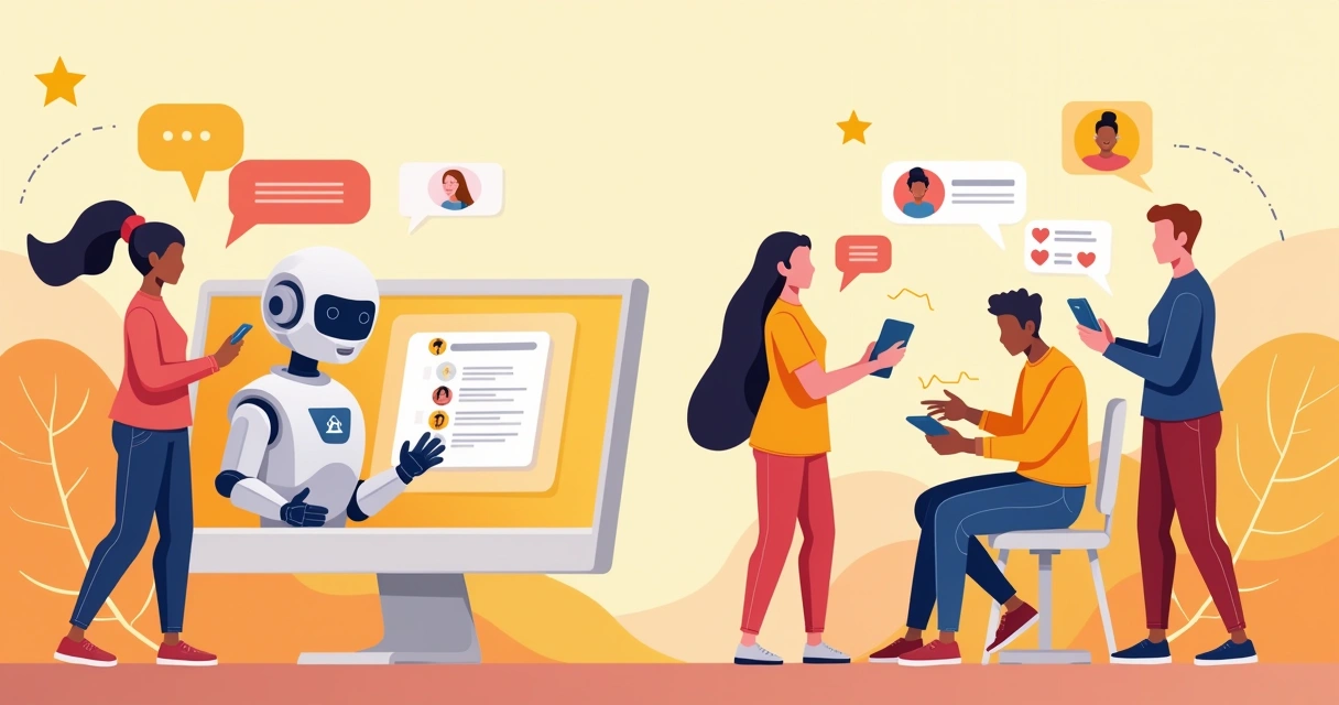 Ilustração de atendimento ao cliente automatizado com um chatbot e interações personalizadas com clientes.