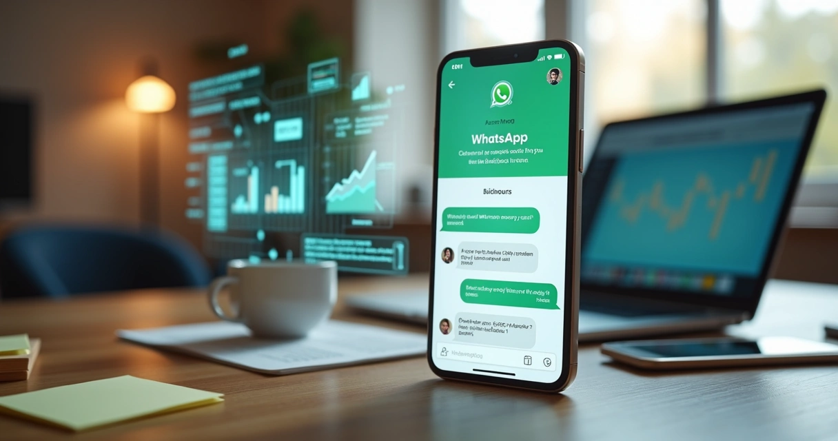 Mesa de trabalho com smartphone aberto no WhatsApp exibindo conversa automatizada e gráficos de vendas ao fundo 